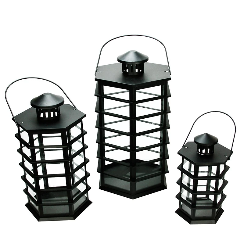Black Modern Design Glass Pillar Candle Lanterns Set