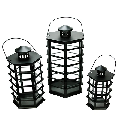 Black Modern Design Glass Pillar Candle Lanterns Set
