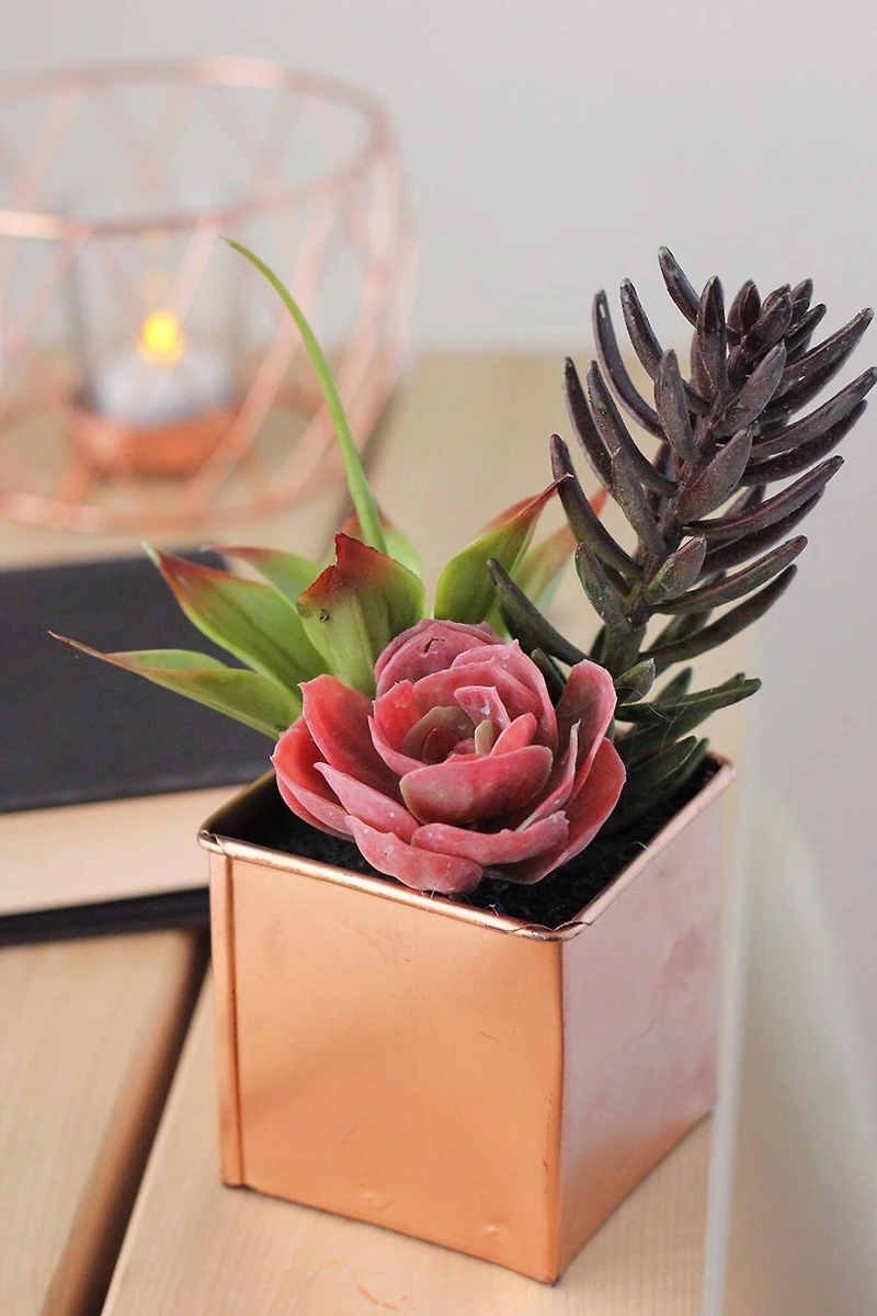 7" Pink & Purple Artificial Succulent Arrangement in Square Tin Pot
