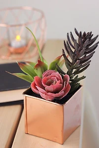 7" Pink & Purple Artificial Succulent Arrangement in Square Tin Pot