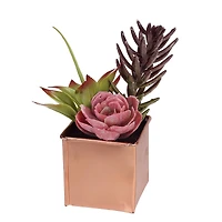 7" Pink & Purple Artificial Succulent Arrangement in Square Tin Pot