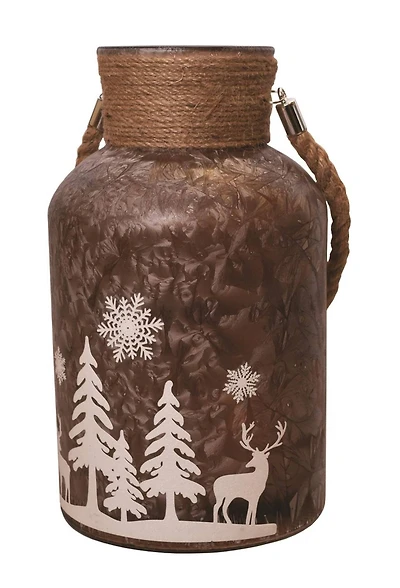 12" Brown Winter Scene Christmas Pillar Candle Lantern