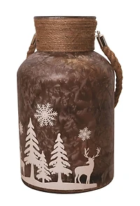 12" Brown Winter Scene Christmas Pillar Candle Lantern