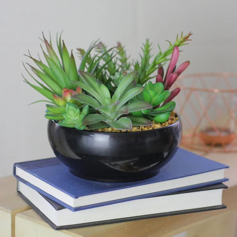 6" Green & Red Artificial Succulent Arrangement in Black Bowl