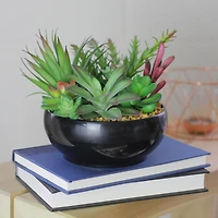 6" Green & Red Artificial Succulent Arrangement in Black Bowl