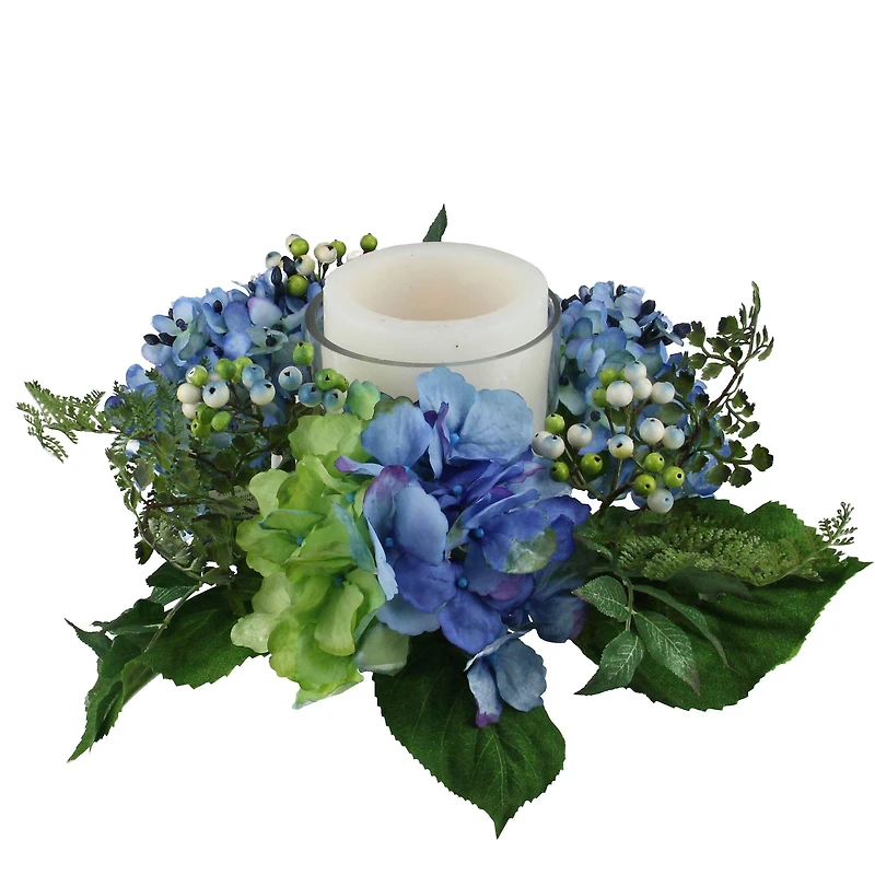 16" Blue & Green Artificial Hydrangea & Berry Hurricane Glass Candle Holder