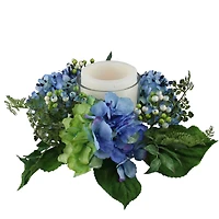 16" Blue & Green Artificial Hydrangea & Berry Hurricane Glass Candle Holder