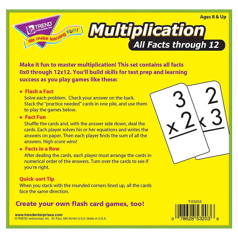 Trend Enterprises® 3” x 6” Multiplication Math 0-12 All Facts Skill Drill Flash Cards