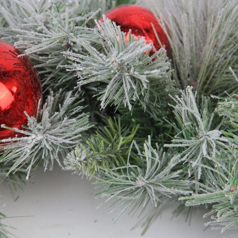 24" Flocked Pine Red Ball Berries & Silver Cedar Artificial Wreath, Unlit