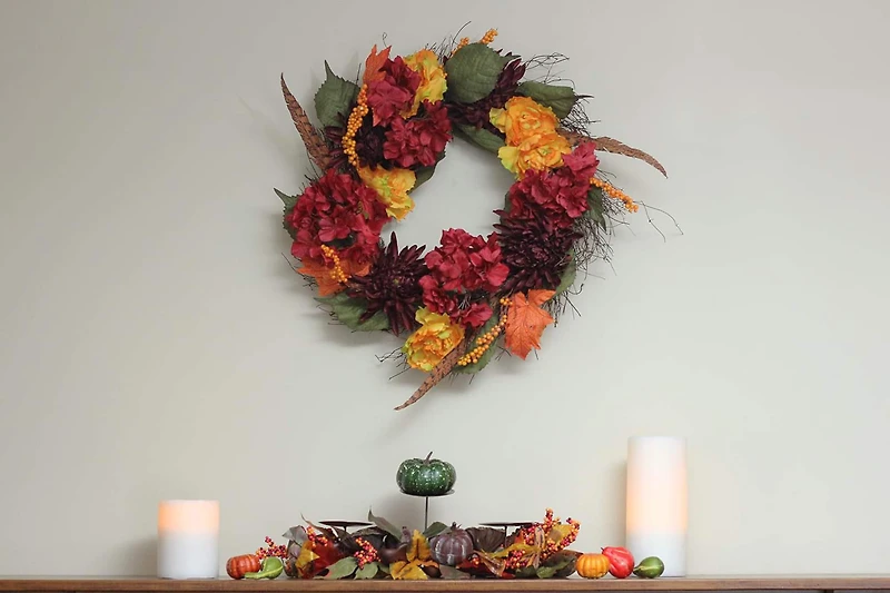 24" Autumn Harvest Peony, Mum & Feather Thanksgiving Wreath, Unlit