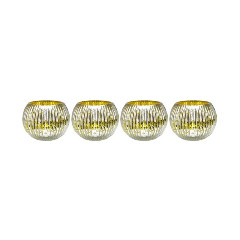 3.25" Yellow & Silver Ribbed Round Mercury Glass Votive Candle Holders, Set Of 4