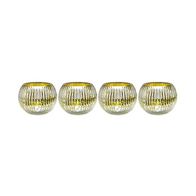 3.25" Yellow & Silver Ribbed Round Mercury Glass Votive Candle Holders, Set Of 4