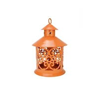 8" Shiny Candle Holder Lantern with Star & Scroll Cutouts