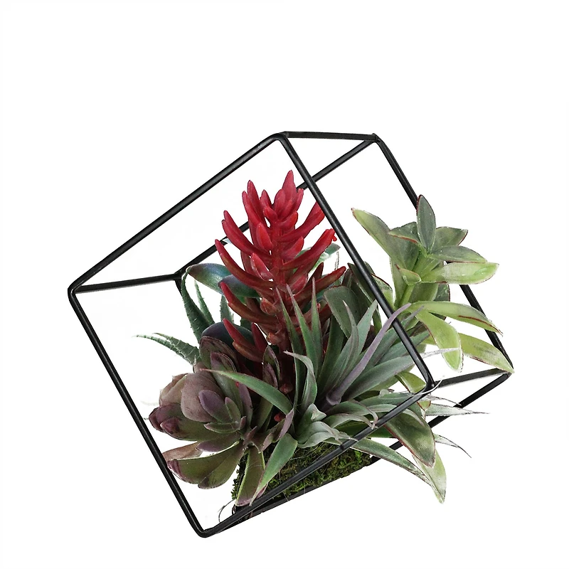 7" Green Artificial Succulent Arrangement in Offset Metal Wire Frame
