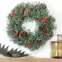 24" Glittered Artificial Boxwood Pine Cones & Red Berry Wreath, Unlit