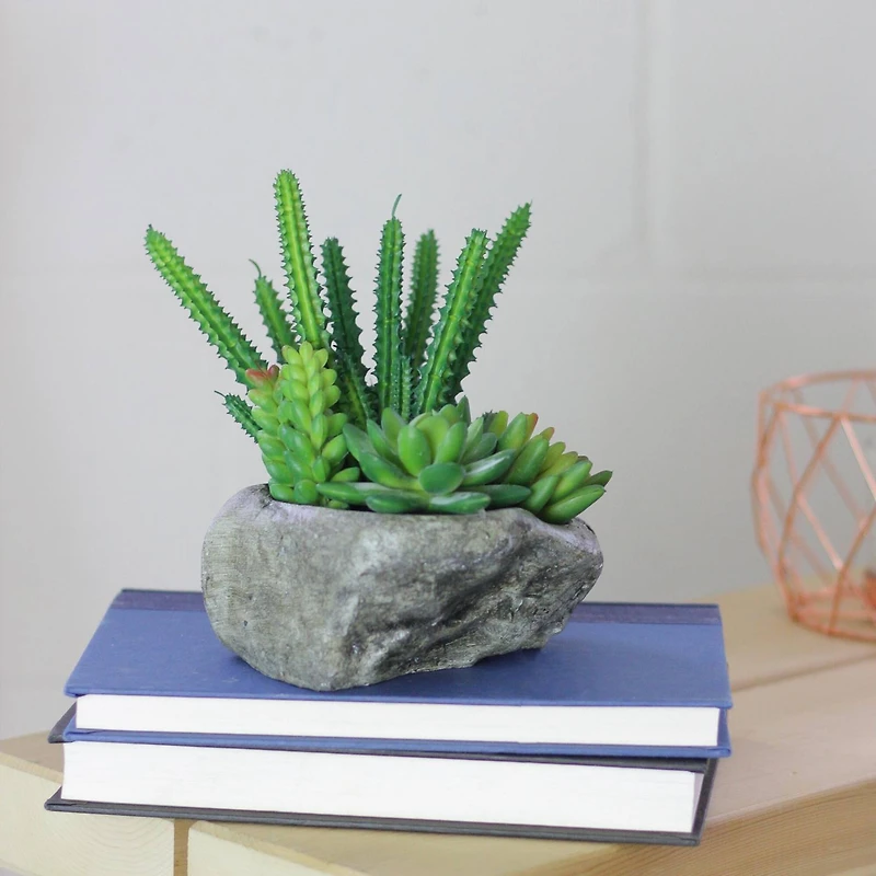 6.5" Green Artificial Succulents in Rock Container