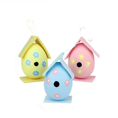Set of 3 Multicolor Painted Easter Egg Birdhouse Ornaments