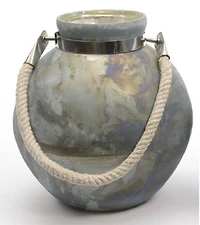 14.5" Seaside Treasures Green & Black Marbled Glass Hurricane With Rope Handle