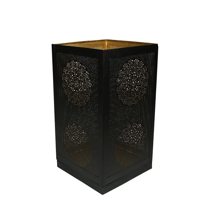 17" Black & Gold Moroccan Style Floral Cut-Out Pillar Candle Lantern