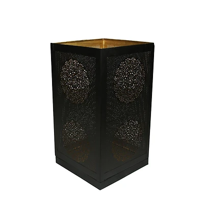 17" Black & Gold Moroccan Style Floral Cut-Out Pillar Candle Lantern