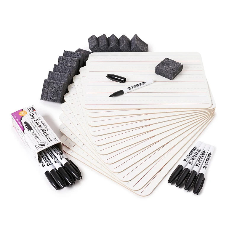 Lined 1-Sided Boards Dry Erase Classpack with Markers & Erasers, Pack of 12