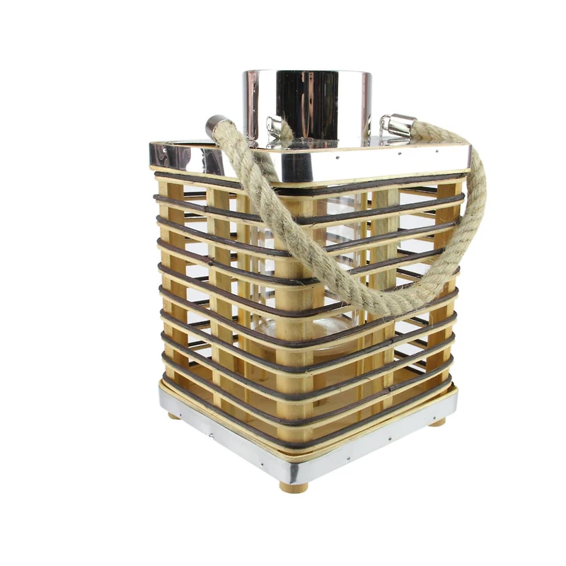 Rustic Chic Rectangular Rattan Candle Holder Lantern with Handle