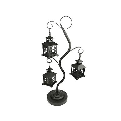 27.25" Black Mission Style Tea Light Holder Tree with 3 Lanterns
