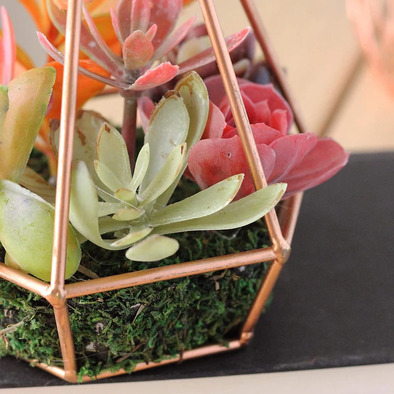 9" Artificial Succulent Arrangement In 6 Sided Copper Wire Frame