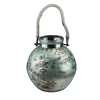 14.5" Seaside Treasures Green & Black Marbled Glass Hurricane With Rope Handle