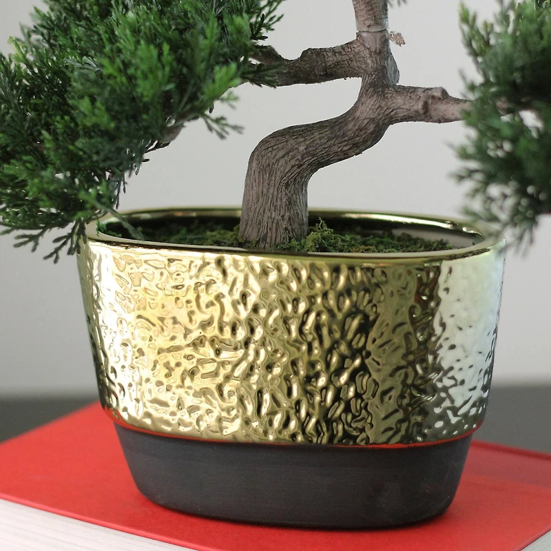 10" Green Artificial Bonsai Tree in Gold Plated Ceramic Pot