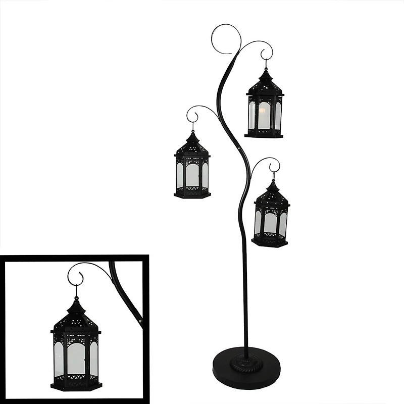 70" Rustic Black Candle Holder Tree with 3 Lanterns