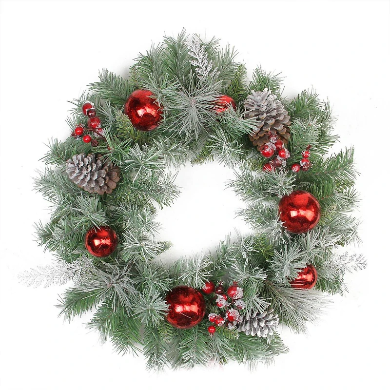 24" Flocked Pine Red Ball Berries & Silver Cedar Artificial Wreath, Unlit