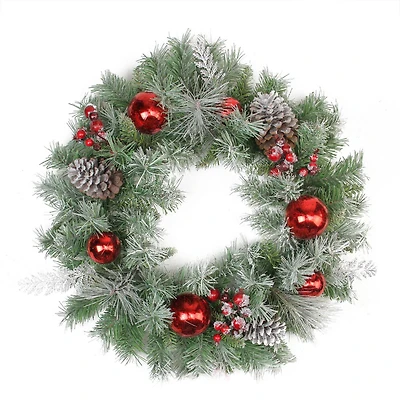 24" Flocked Pine Red Ball Berries & Silver Cedar Artificial Wreath, Unlit