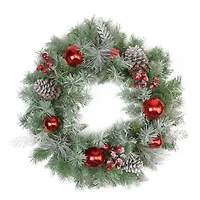 24" Flocked Pine Red Ball Berries & Silver Cedar Artificial Wreath, Unlit