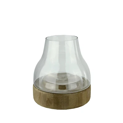 Transparent Glass Pillar Candle Holder with Wooden Base