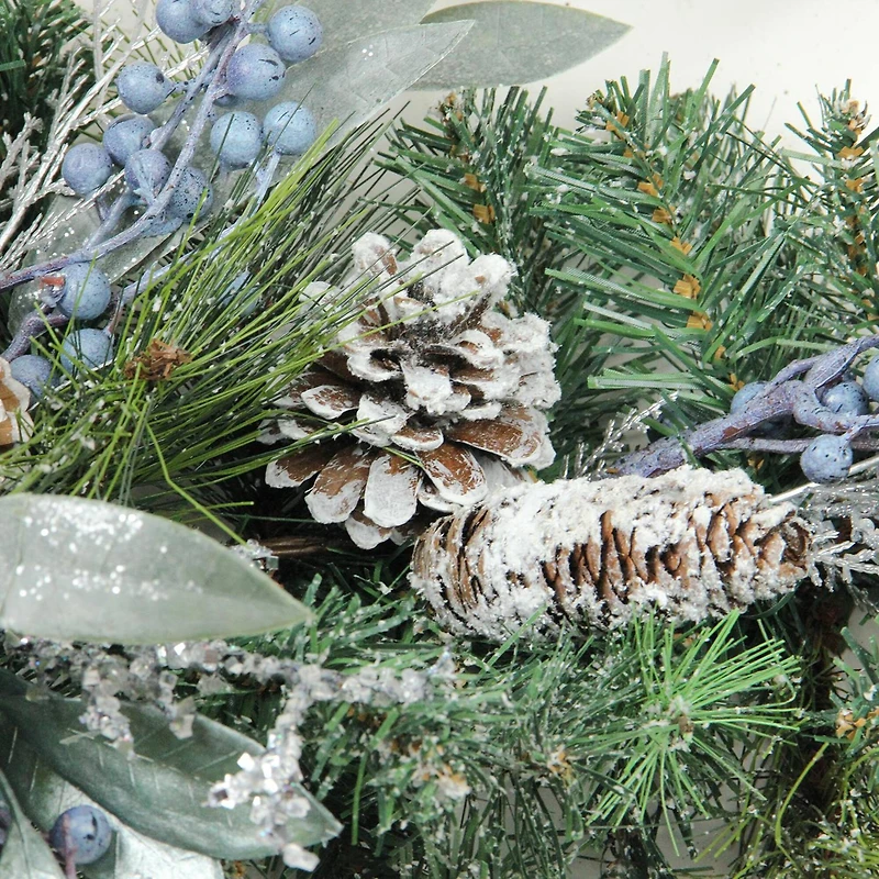 28" Unlit Mixed Pine, Blueberries & Snowy Pine Cones Teardrop Swag
