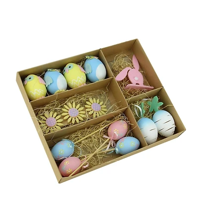 Set of 14 Multicolor Pastel Easter Egg, Chicken & Bunny Spring Decorations