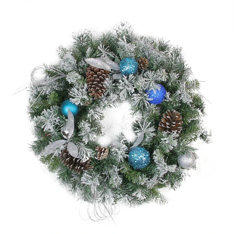 24" Teal & Silver Ball Flocked with Pinecones Artificial Wreath