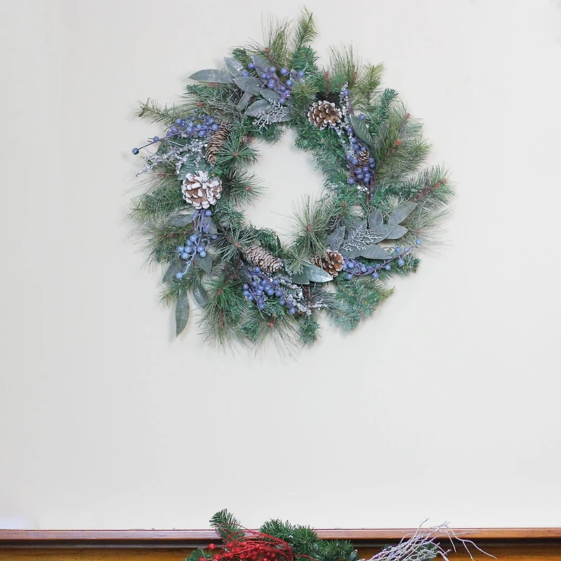 24" Mixed Pine Blueberries & Snowy Pine Cones Artificial Wreath, Unlit