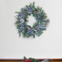 24" Mixed Pine Blueberries & Snowy Pine Cones Artificial Wreath, Unlit