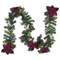 Two-Tone Pine with Purple Poinsettias Berries & Pine Cones Garland, Unlit