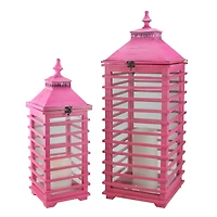 L'Eau de Fleur Distressed Pink Fir Wood Candle Lantern Set, 21" & 28"