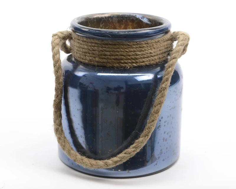 9.5" Seaside Treasures Majolica Blue Glass Hurricane With Rope Handle