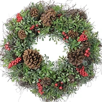 24" Glittered Artificial Boxwood Pine Cones & Red Berry Wreath, Unlit