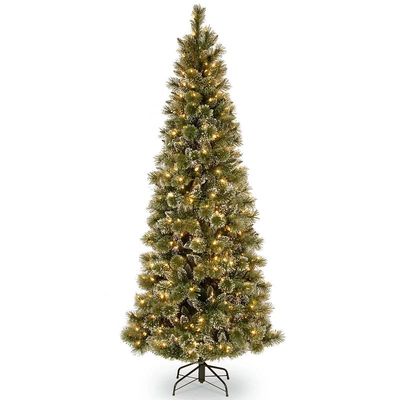 7.5 ft. Pre-lit Hinged Glittery Bristle Pine Slim Artificial Christmas Tree, Soft White LED Lights