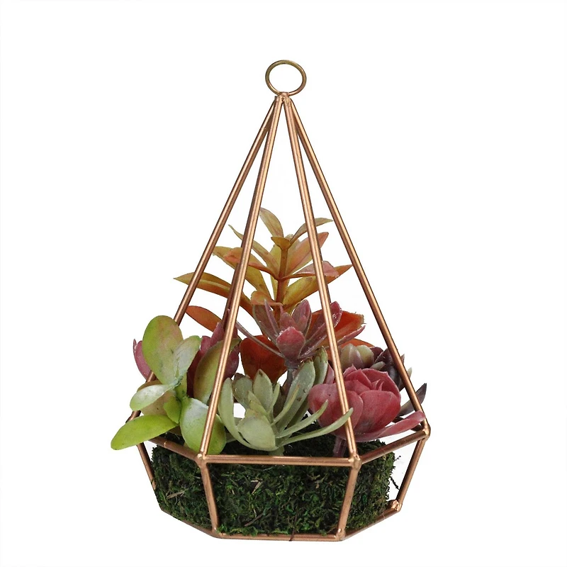 9" Artificial Succulent Arrangement In 6 Sided Copper Wire Frame