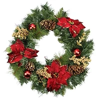 24" Red Poinsettias Gold Pinecones & Berries Artificial Wreath