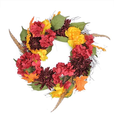 24" Autumn Harvest Peony, Mum & Feather Thanksgiving Wreath, Unlit
