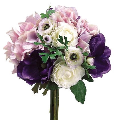12 Pack: Purple & White Hydrangea, Ranunculus & Anemone Bouquet