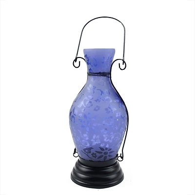 Transparent Blue Glass Bottle Tea Light Candle Lantern with Flower Etching